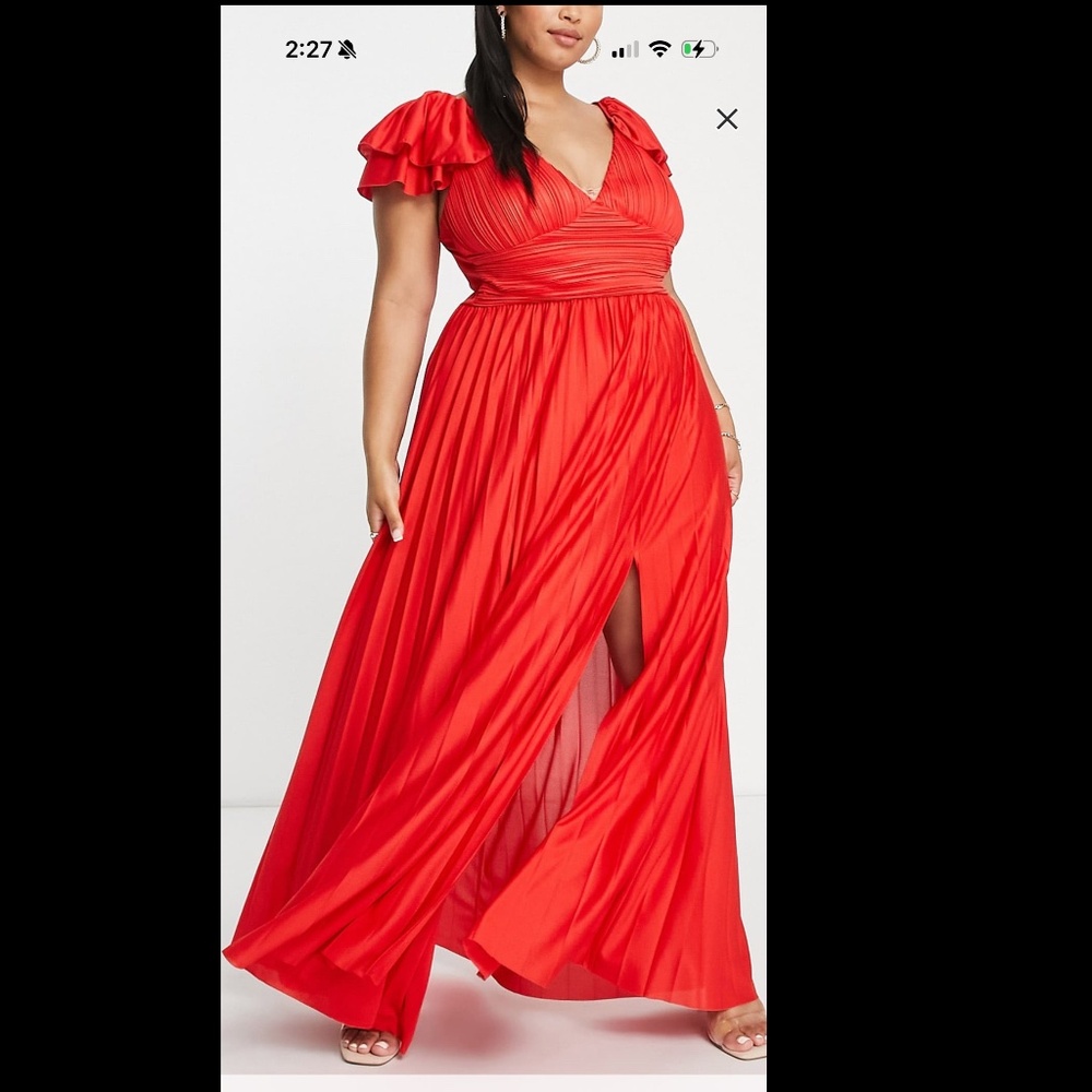 ASOS DECISION Curve Ruffle sleeve pleated maxi dress in red Size US 20